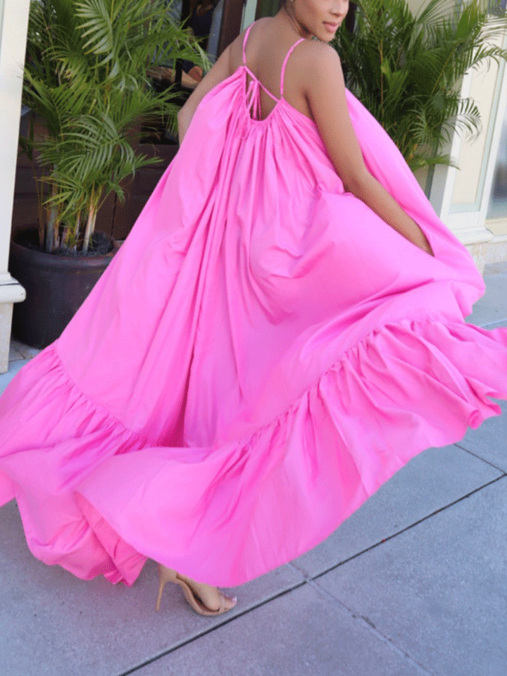 Spaghetti Strap Ruffle Maxi Dress Pink / L