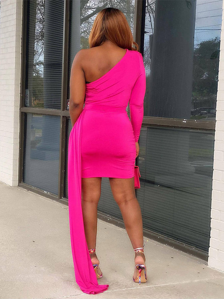 Oblique Shoulder Irregular Solid Party Dress Rose / S
