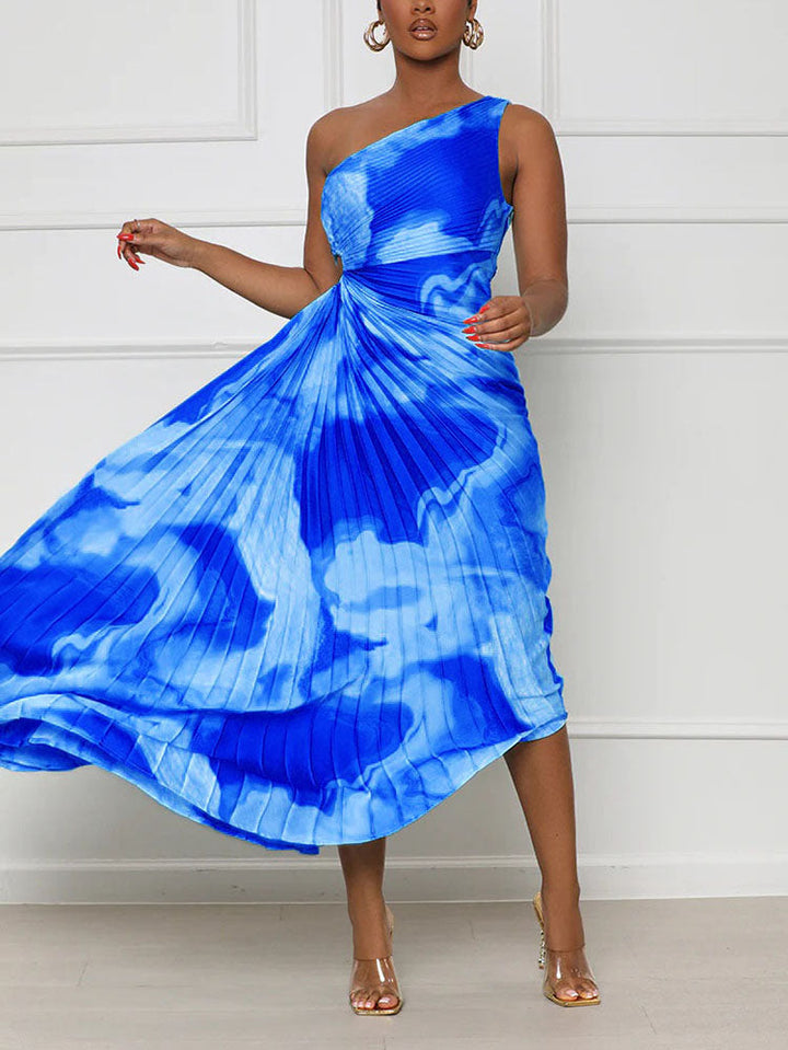 One Shoulder Pleated Dress Lake Blue / 3XL