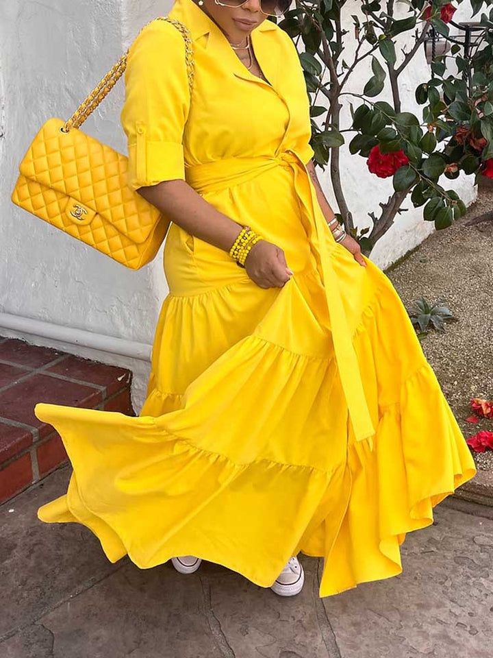 Ruffle Hem Belted Maxi Dress Yellow / L