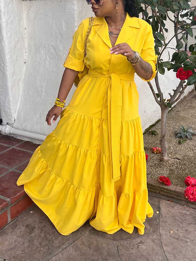 Ruffle Hem Belted Maxi Dress Yellow / S