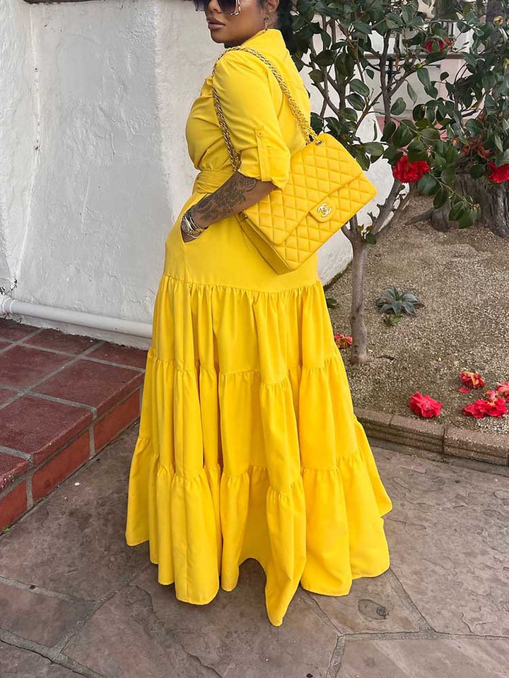 Ruffle Hem Belted Maxi Dress Yellow / XL