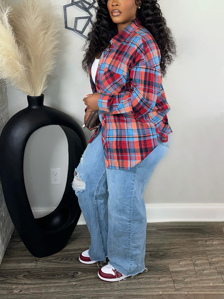 Casual Plaid Button Shirt Red / M