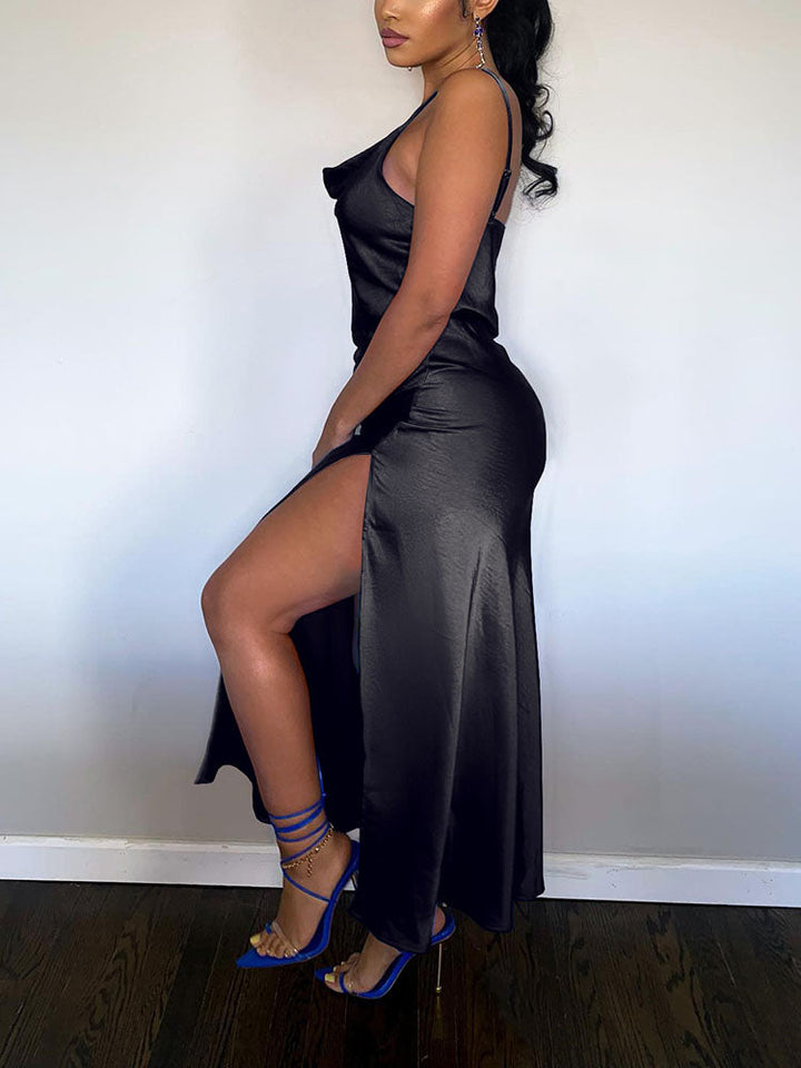 Satin High Slit Dress Black / XL