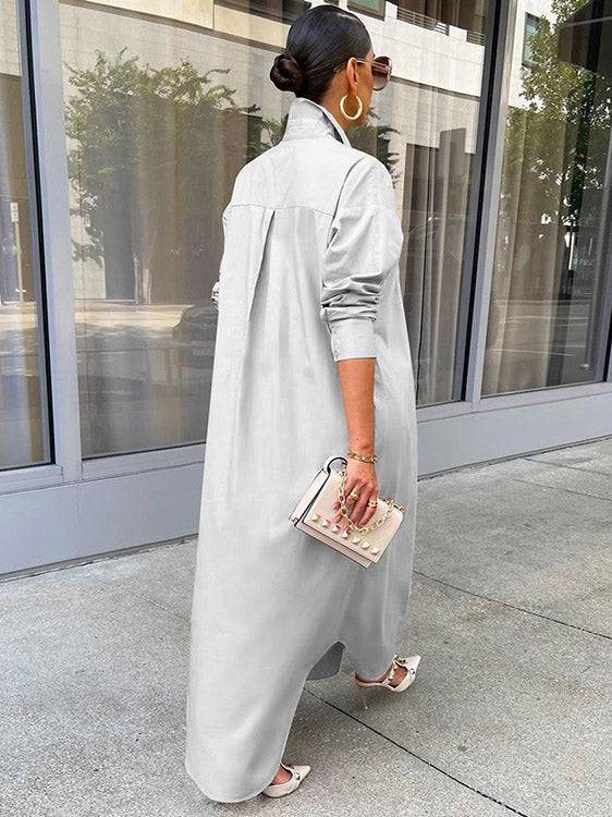 Solid Button Split Shirt Dress White / M