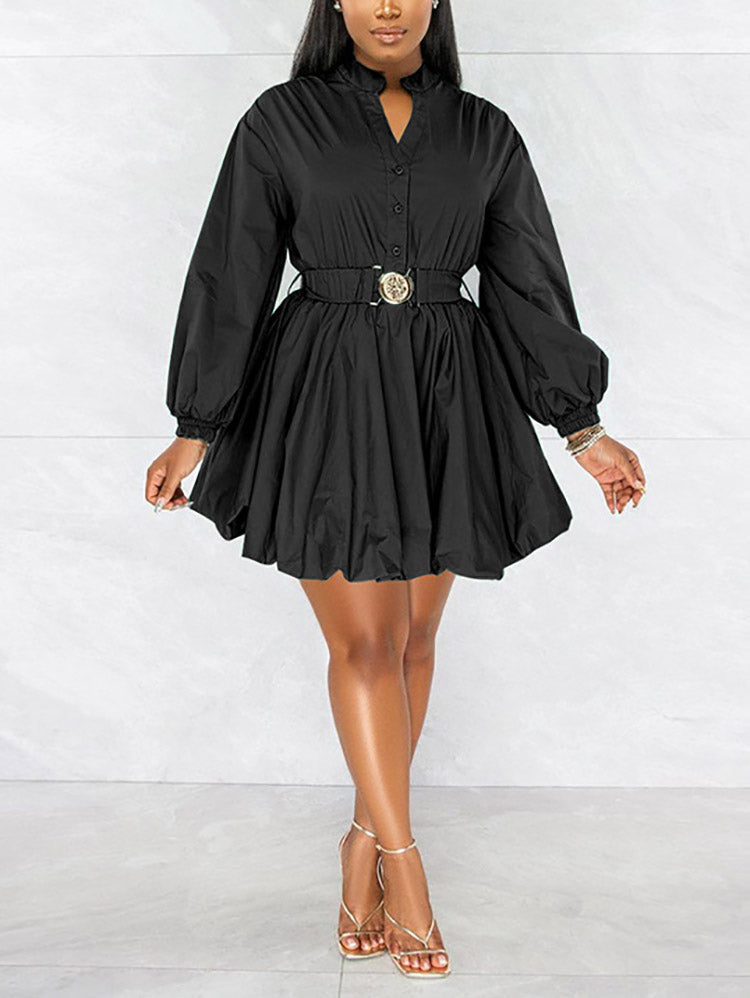 Belted Puffy Sleeve Solid Dress Black / S