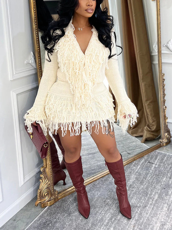 Fringe Knit Sweater & Skirt Set