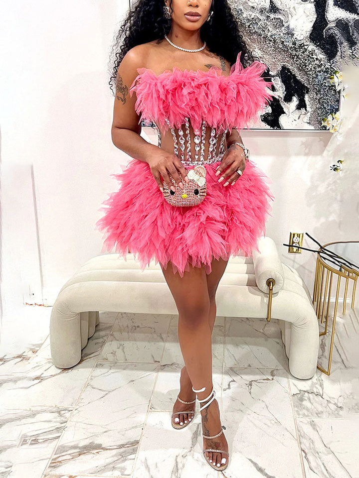 Gorgeous Rhinestone Tulle Party Dress Set Red / S