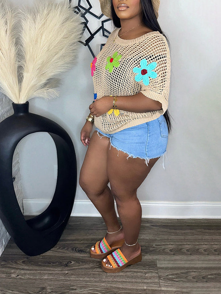 Beach Floral Crochet Knit Top Khaki / L