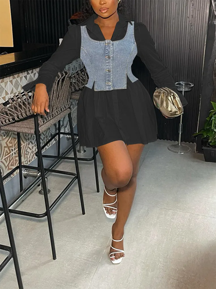 Denim Vest And Shirt Dress Set White / L