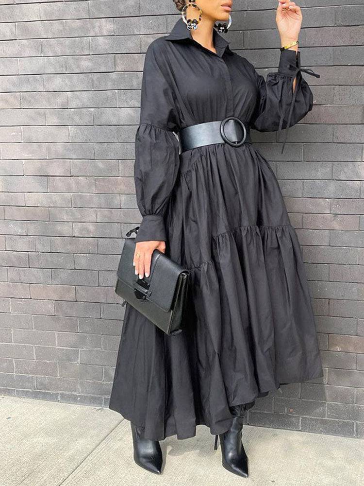 Loose Solid Long Shirt Dress Black / S