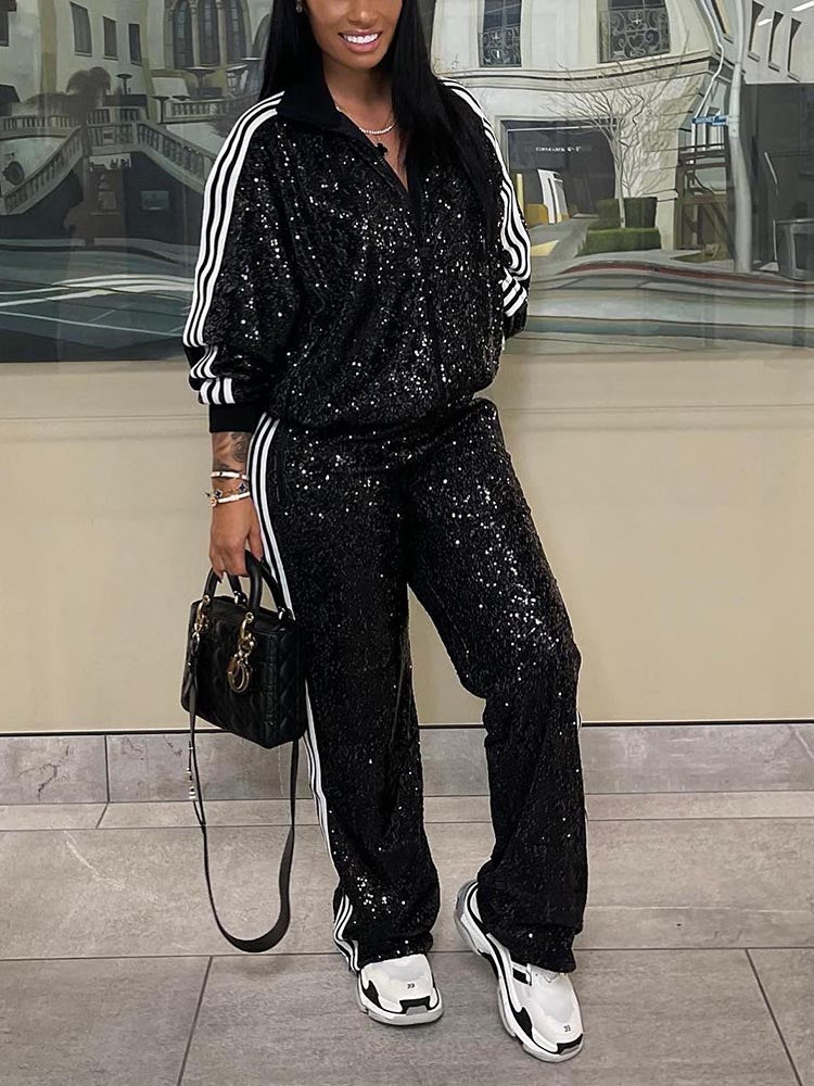 Sequin Casual Tracksuit Set Black / S