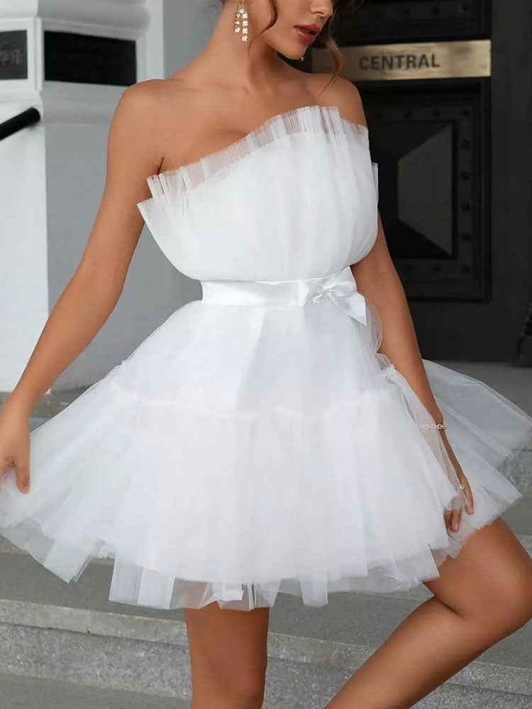 Bow Decor Layered Tulle Cocktail Dress White / M