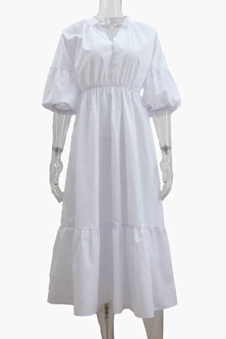 Half Sleeve V Neck High Waist Midi Dress