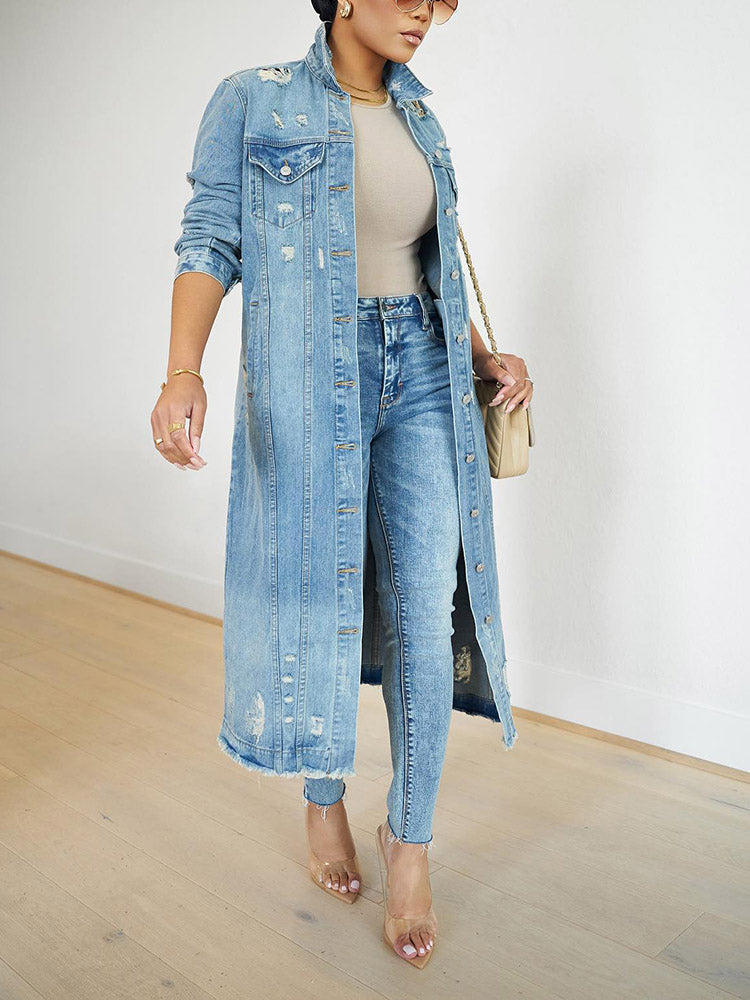 Casual Ripped Denim Jacket Coat Blue / 2XL