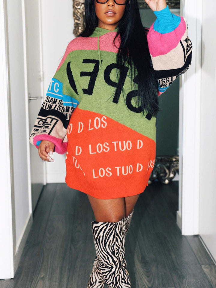 Colorblock Knit Hoodie Sweater Dress Green / One size