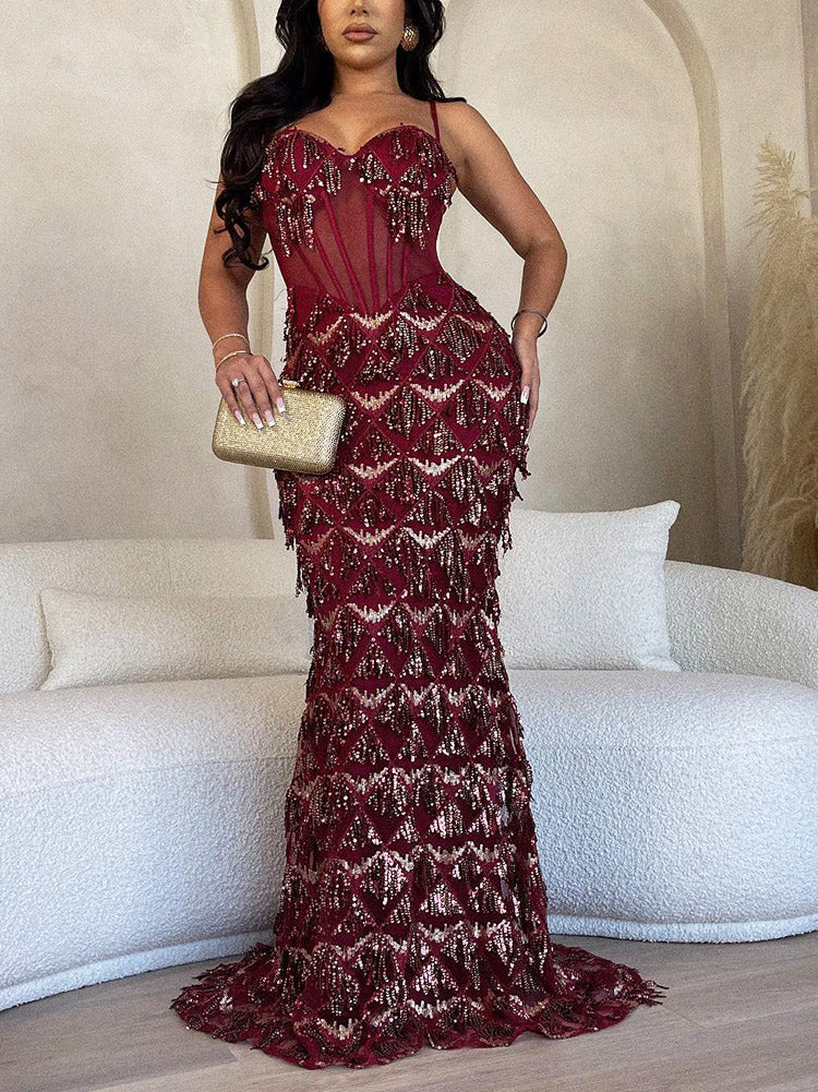Sequin Fringed Gown Maxi Dress Red / L