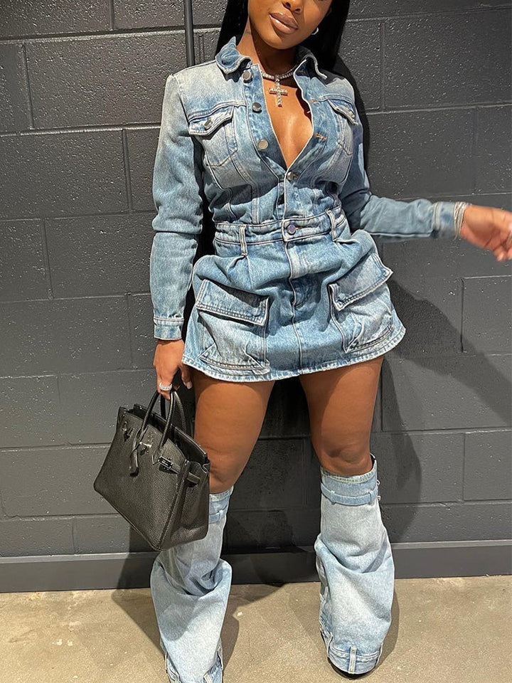 Denim Dress with Leg Warmers Blue / S
