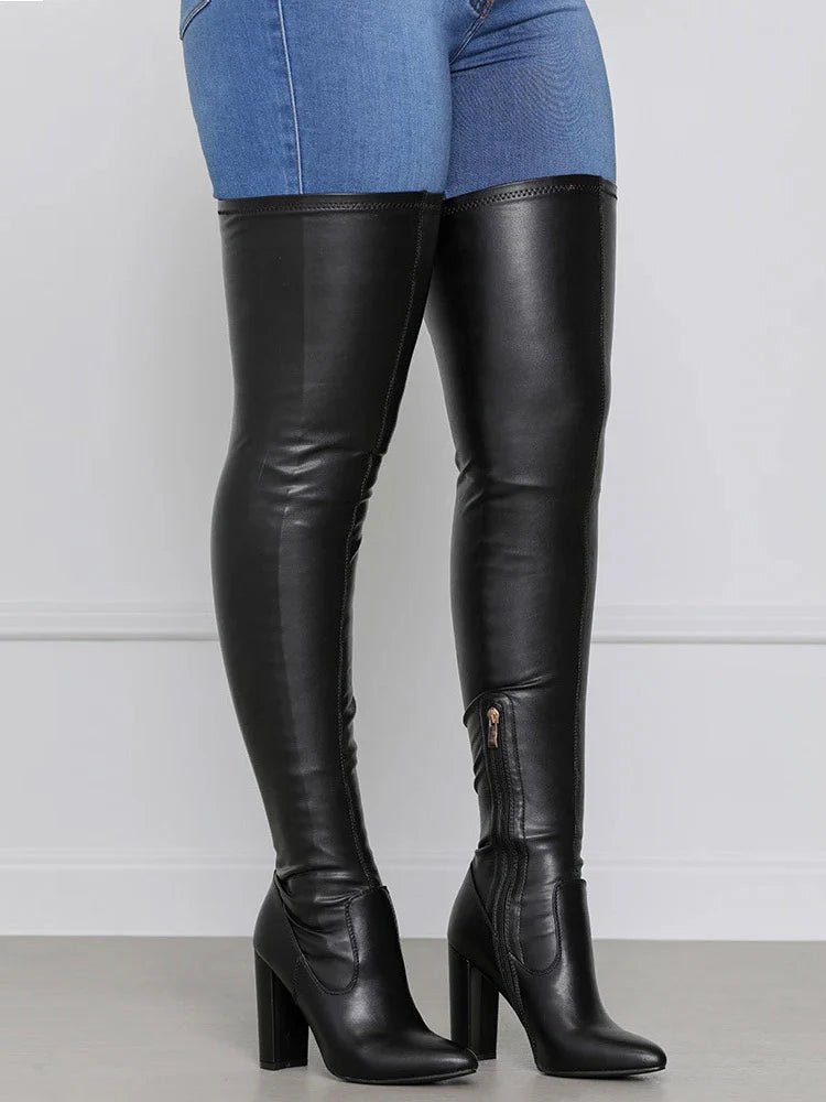PU Leather Stretch Over The Knee Boots