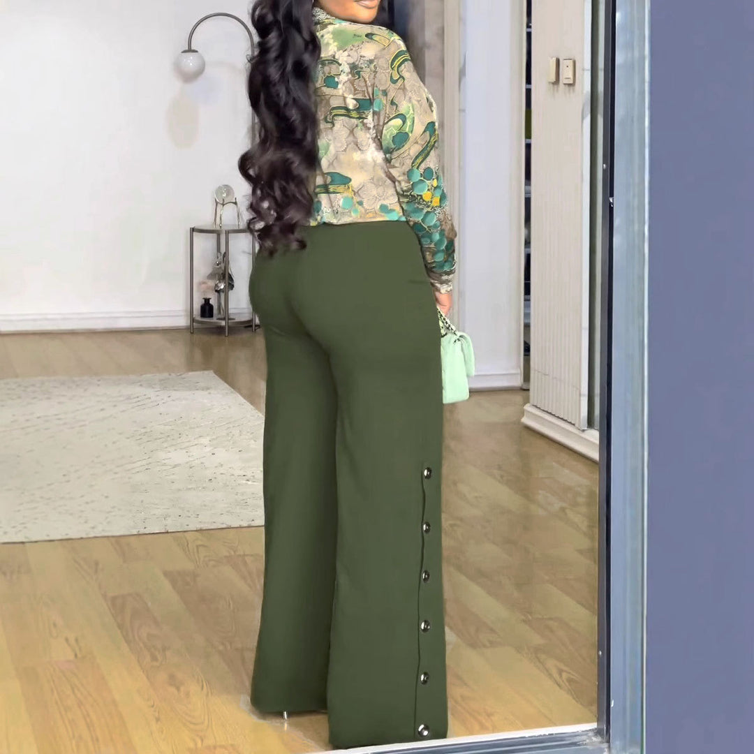 Vintage Printed V-Neck Shirt Wide Leg Pants Set