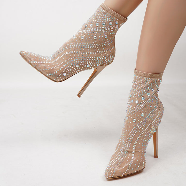 Sexy Nightclub Runway Show Ultra-High-Heel Rhinestone Mid-Calf Boots