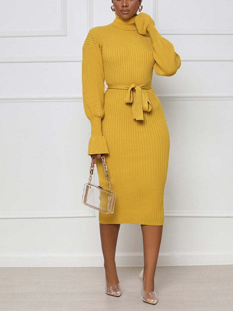 Turtleneck Knit Tie Waist Dress Yellow / S