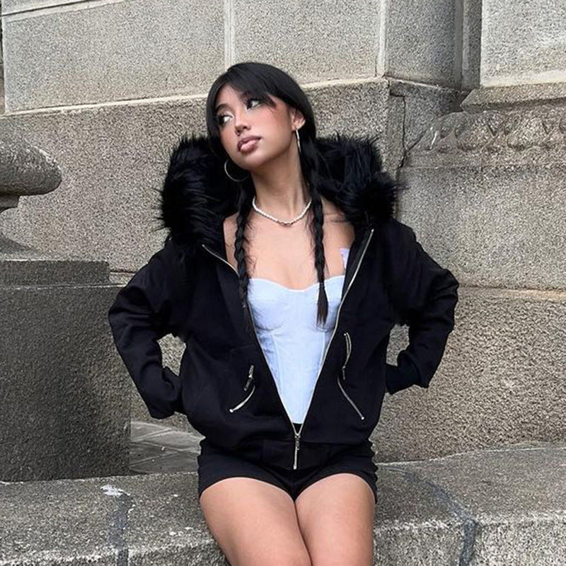 Zipper Split Print Plush Hoodie Black