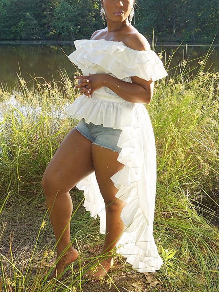 Off Shoulder Ruffled Traling Top White / L