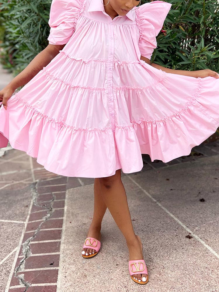 Puff Sleeve Ruffle Shirt Dress Pink / M