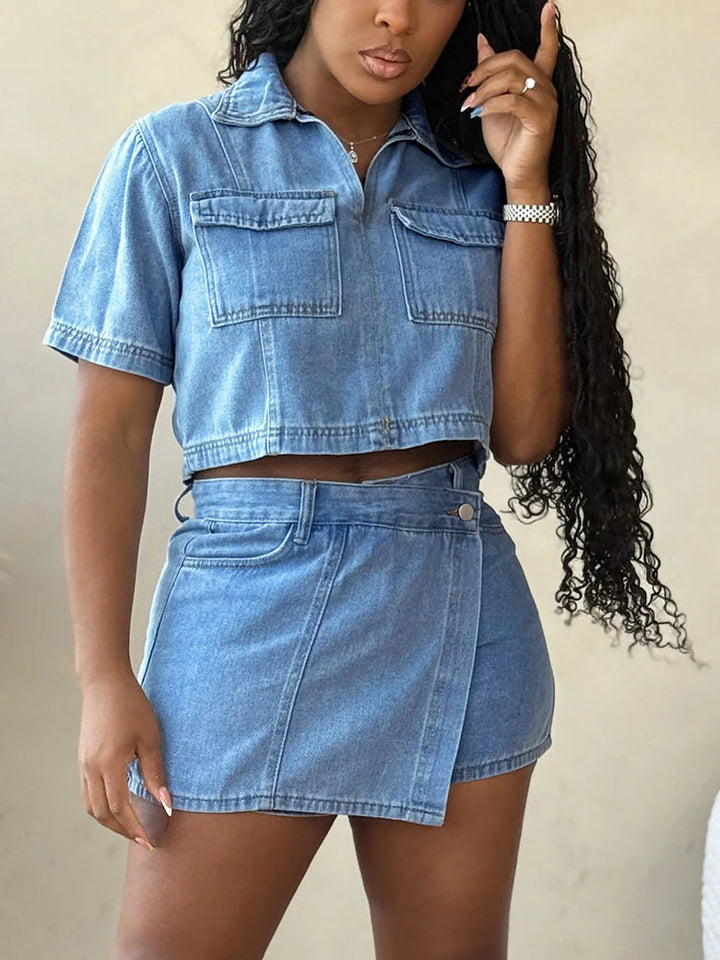 Cropped Denim Top & Skort Set