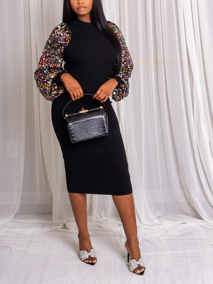 Sequin Sleeve Midi Dress Black / XL