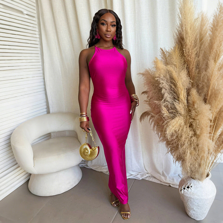 Fashion Slim Hanging Neck Solid Color Dresses