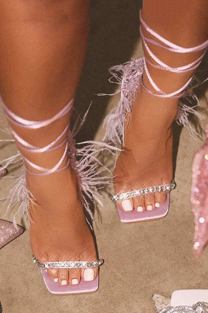 Rhinestone Feather Tie-up Square Toe Sandals