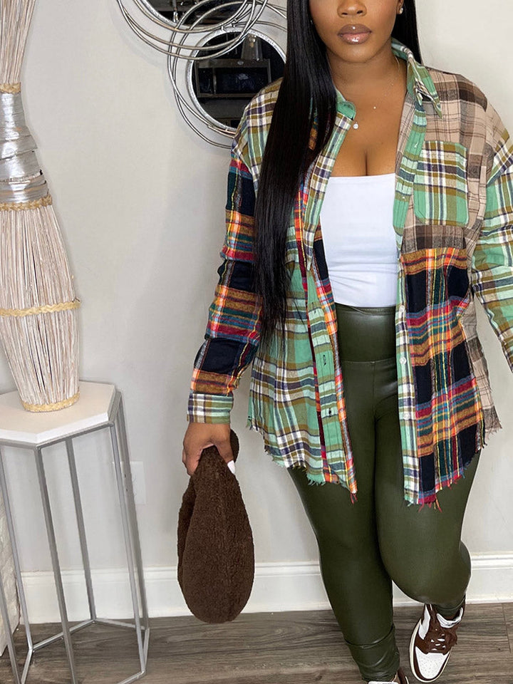 Plaid Loose-Fit Raw Edge Shirt Green / L