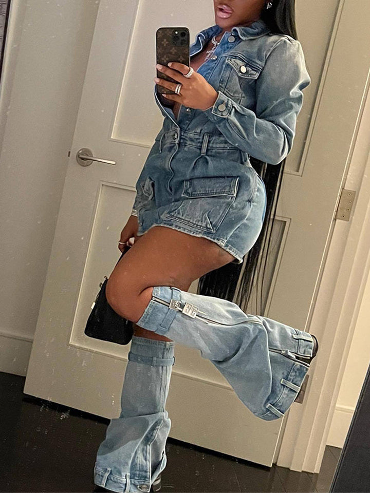 Denim Dress with Leg Warmers Blue / XL