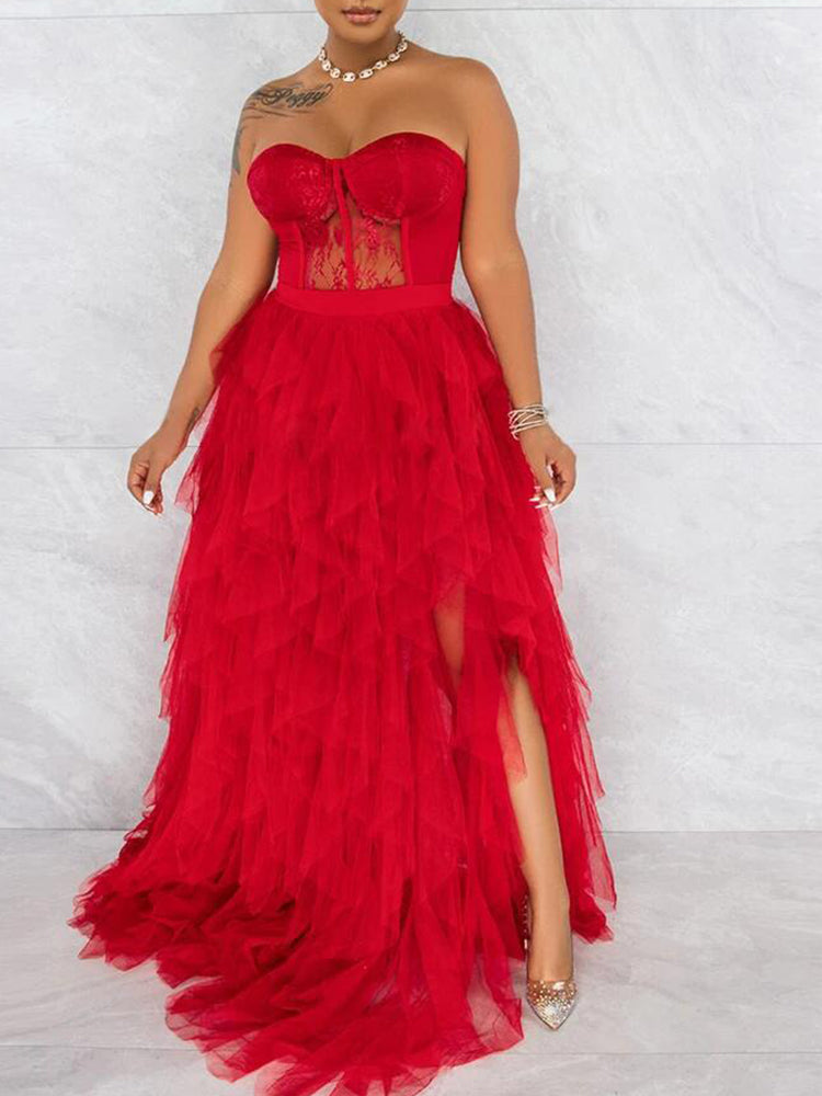 Lace Slit Tulle Dress Red / L