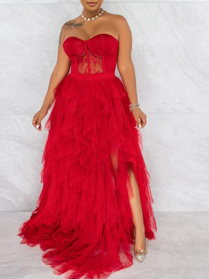 Lace Slit Tulle Dress Red / L