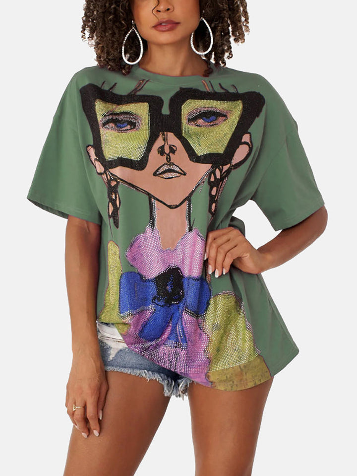 Rhinestones Embellished Casual Tee Black / L