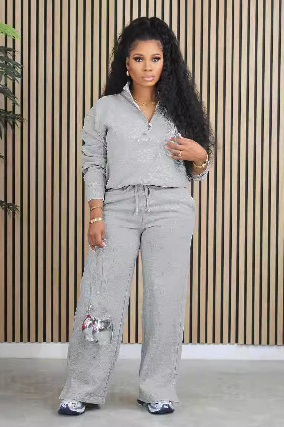 Loose Zipper Drawstring Pants Sweatshirt Set
