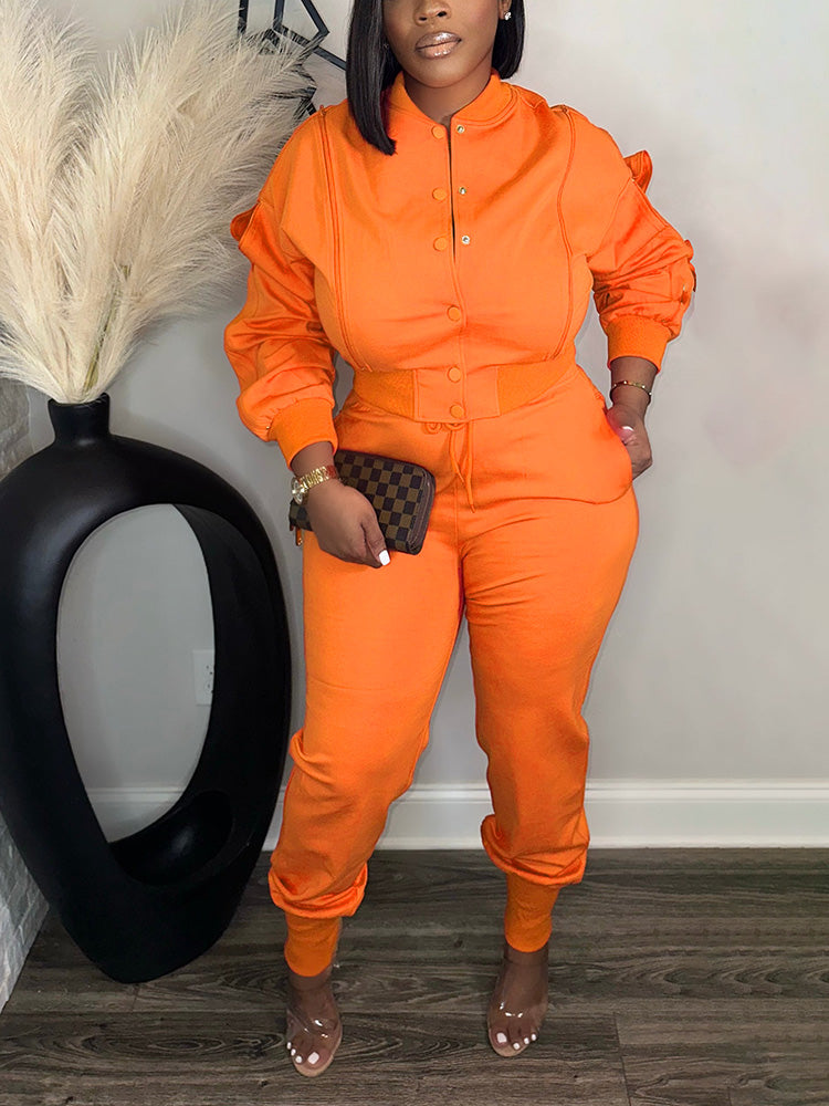 Zipper Crop Jacket Jogger Set Orange / 2XL