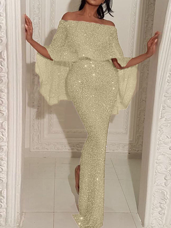 Off Shoulder Sequin Maxi Dress Silver / L