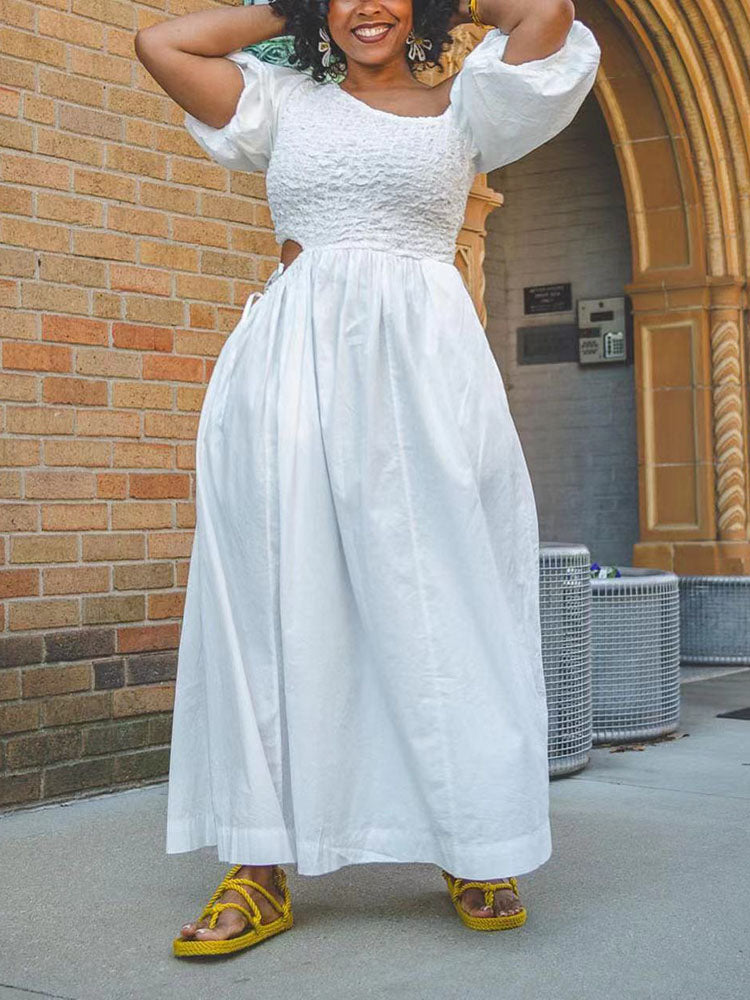 Puff Sleeves Cut-out Waist Dress White / M