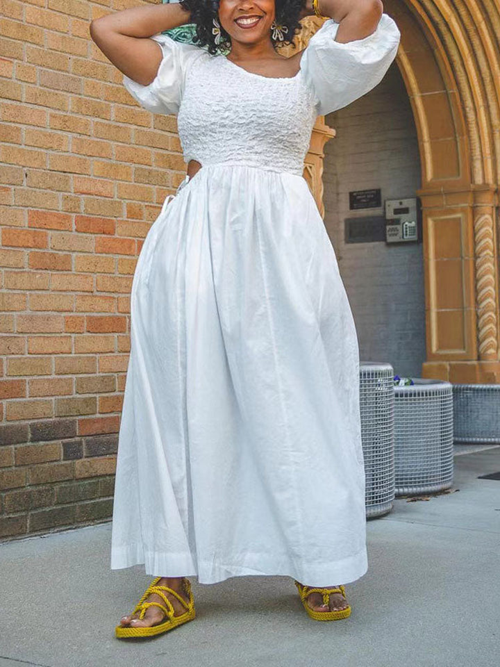 Puff Sleeves Cut-out Waist Dress White / M