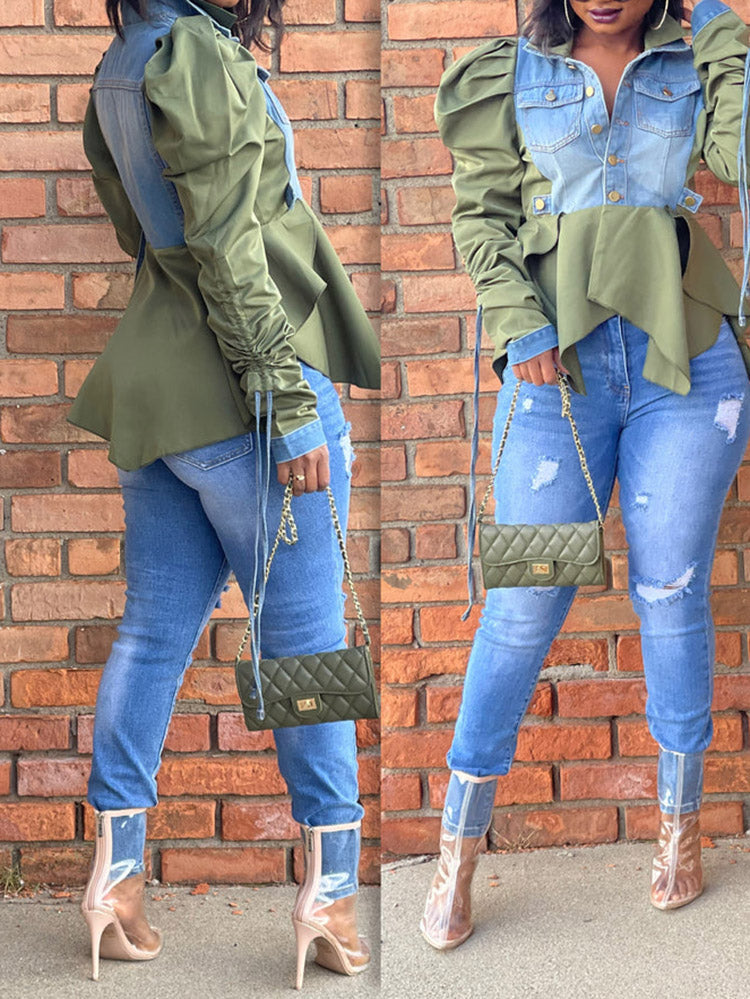 Denim Patchwork Asymmetrical Top Apricot / 3XL