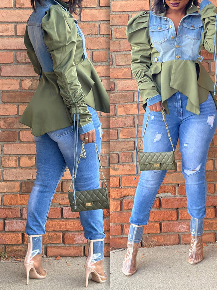 Denim Patchwork Asymmetrical Top Apricot / 3XL
