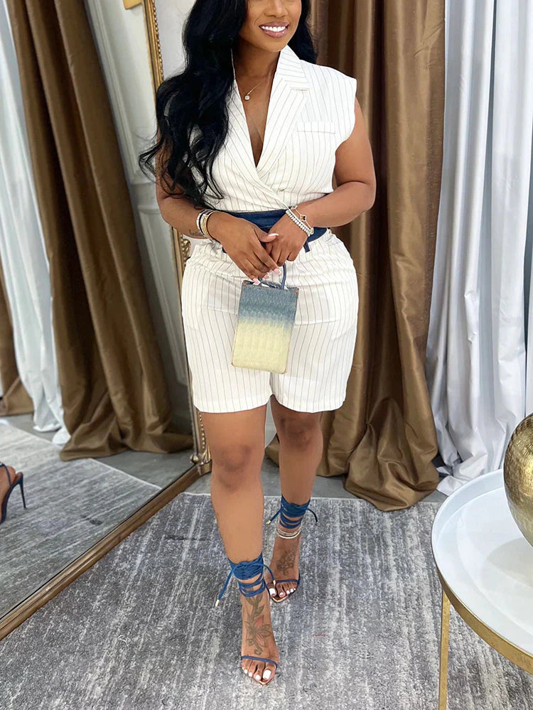 Stripe Sleeveless Blazer & Shorts Set
