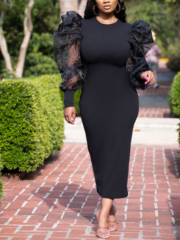 Elegant Puff Sleeve Maxi Dresses Black / S