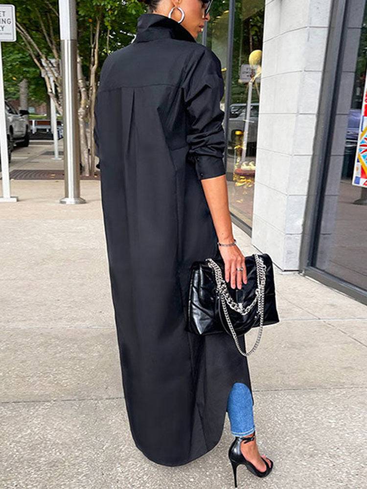 Solid Button Split Shirt Dress Black / M
