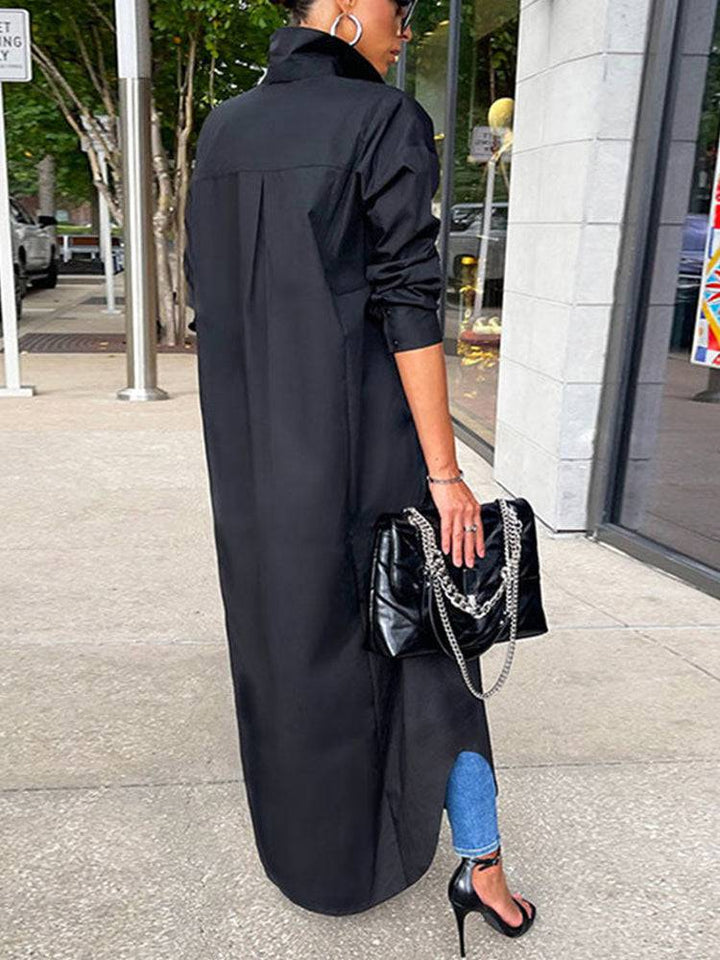 Solid Button Split Shirt Dress Black / M