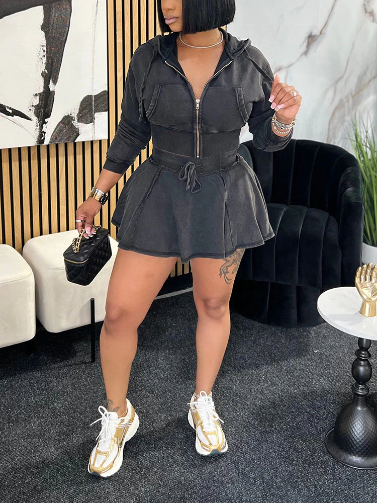Washed Denim Cropped Jacket And Mini Skirt Set